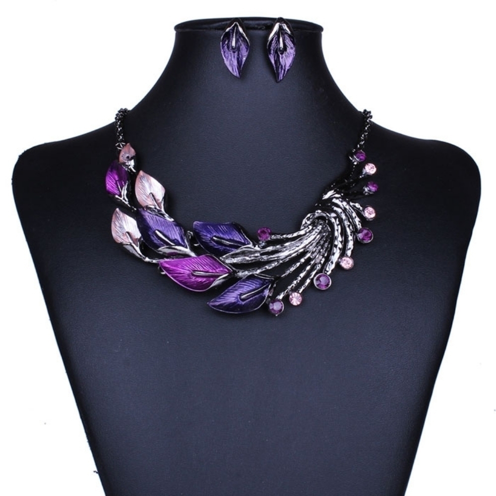 Fashion Jewelry Purple Peacock Metal Statement Necklace & Earring Set - Picture 1 of 4